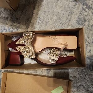 Embellished Burgundy Pointed Toe Mules with Low Block Heel